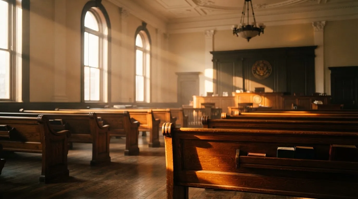 An empty courtroom with wooden benches in morning light
