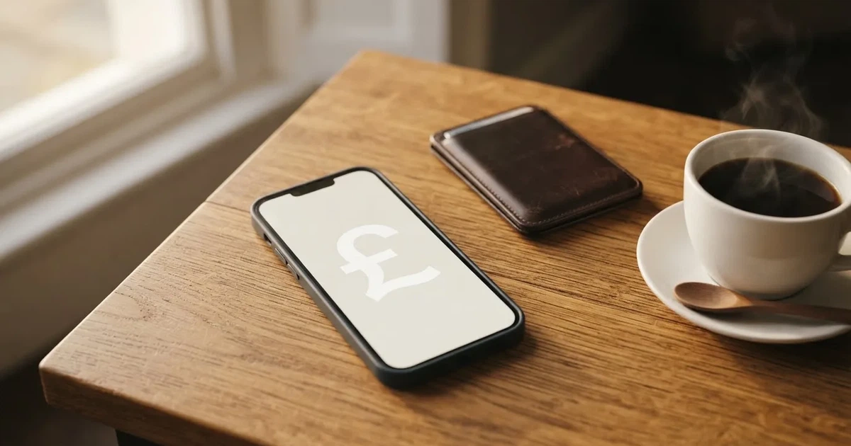 A smartphone on a wooden table beside a wallet and a coffee cup