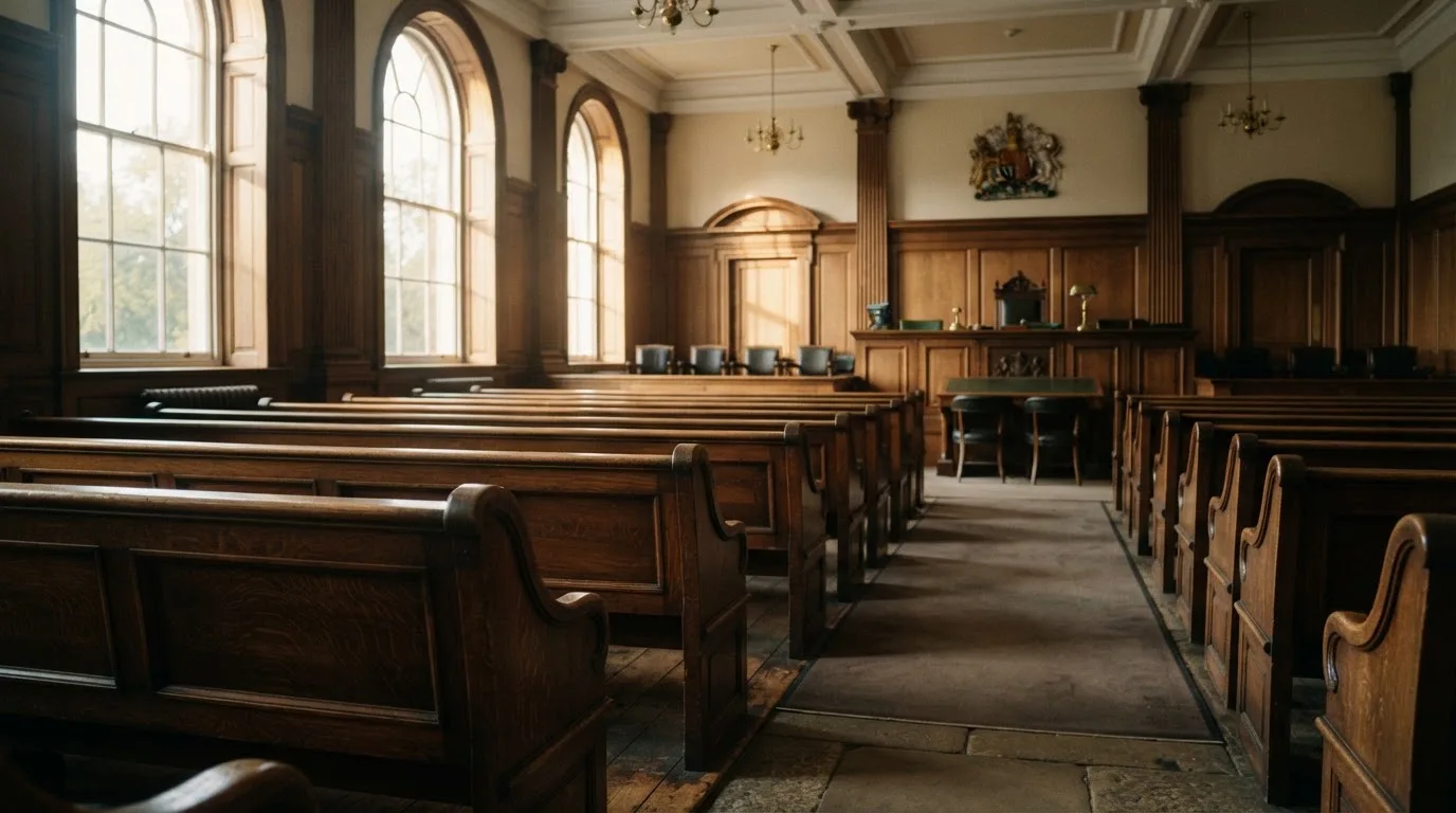An empty courtroom with wooden benches in morning light
