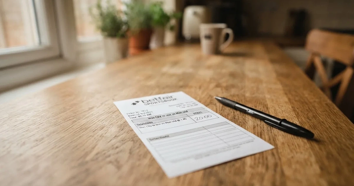 A blank paper betting slip beside a pen on a wooden counter