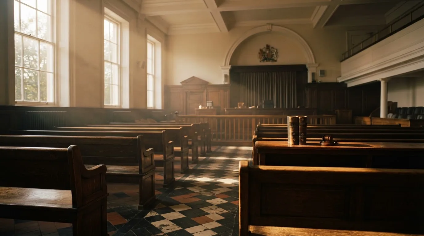 An empty courtroom with wooden benches in morning light