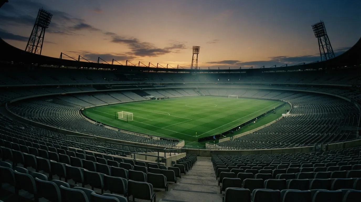 An empty football stadium with floodlight masts at dusk