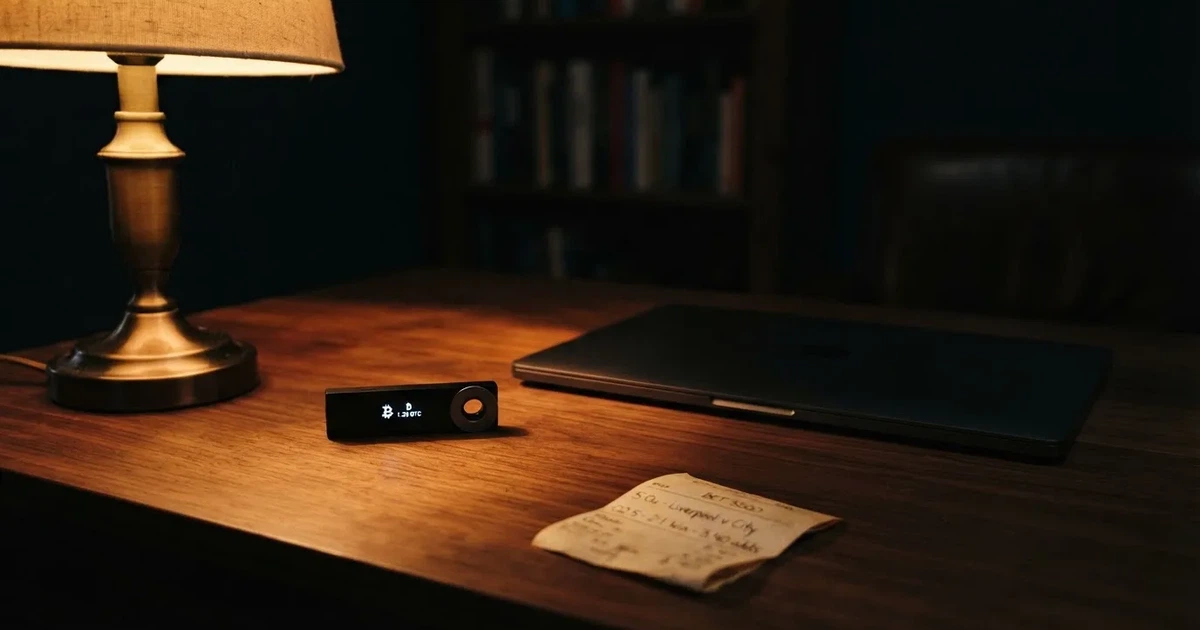 A hardware wallet and a closed laptop on a desk in dim light