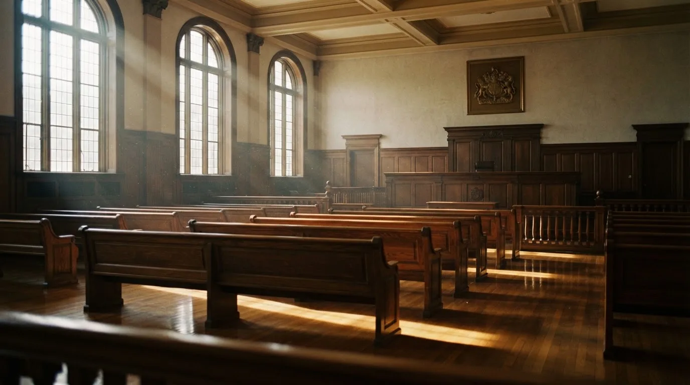 An empty courtroom with wooden benches in morning light