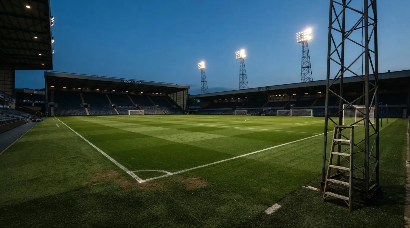An empty football stadium with floodlight masts at dusk