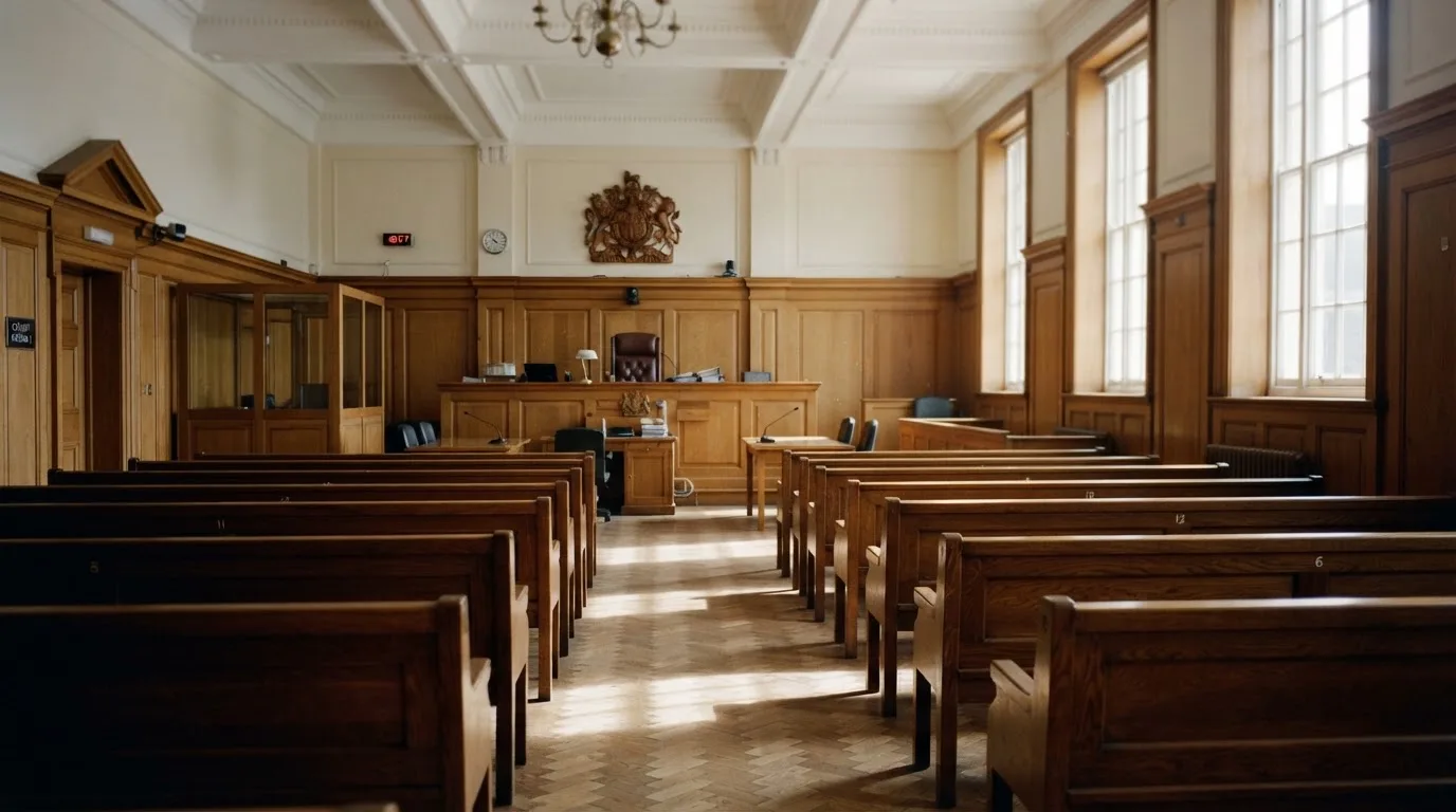 An empty courtroom with wooden benches in morning light