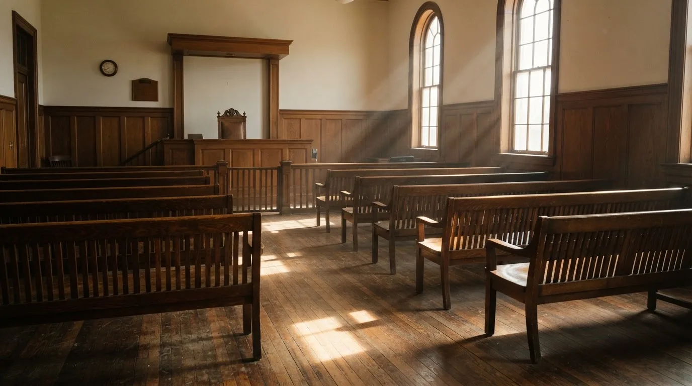 An empty courtroom with wooden benches in morning light