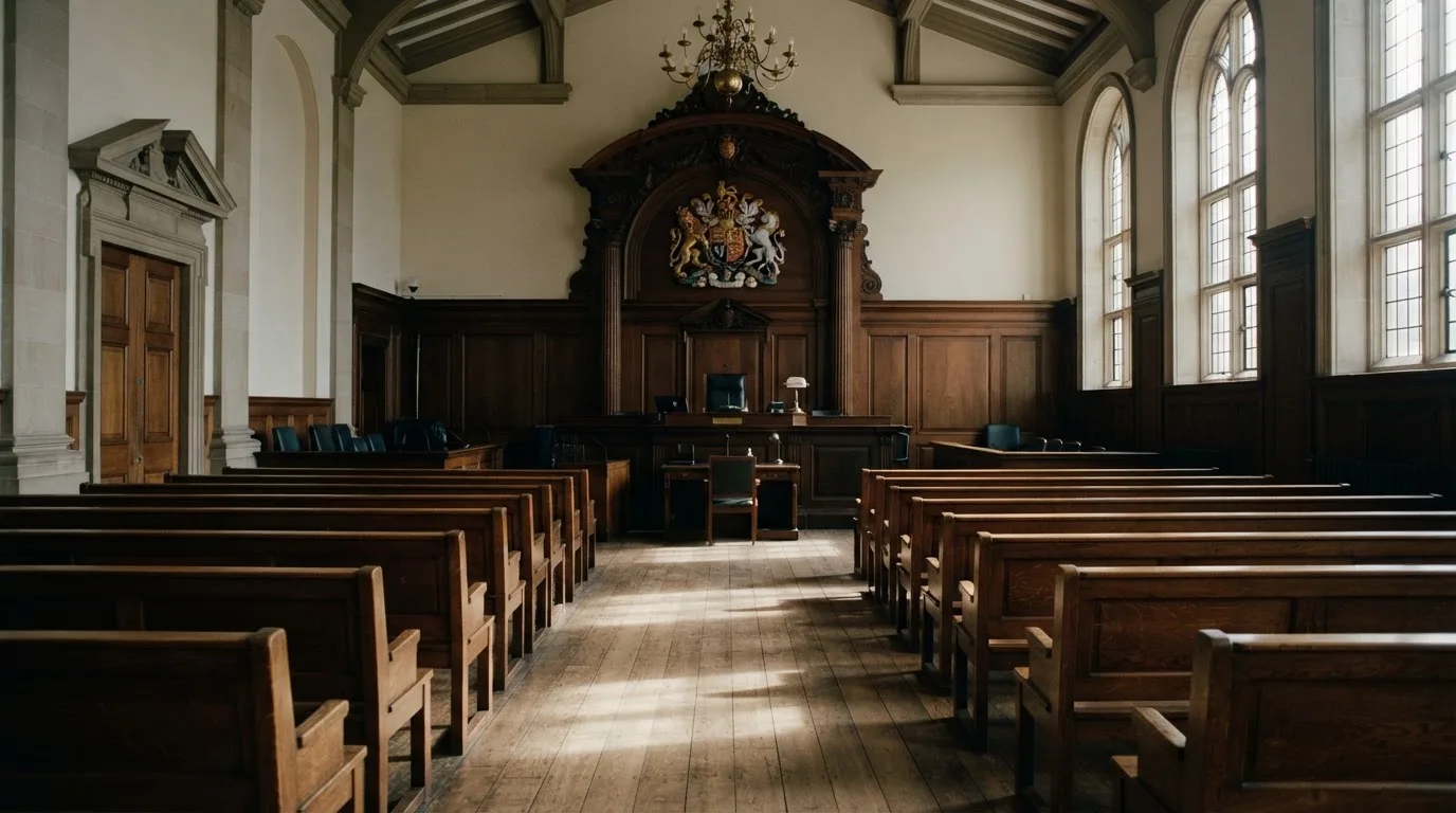 An empty courtroom with wooden benches in morning light