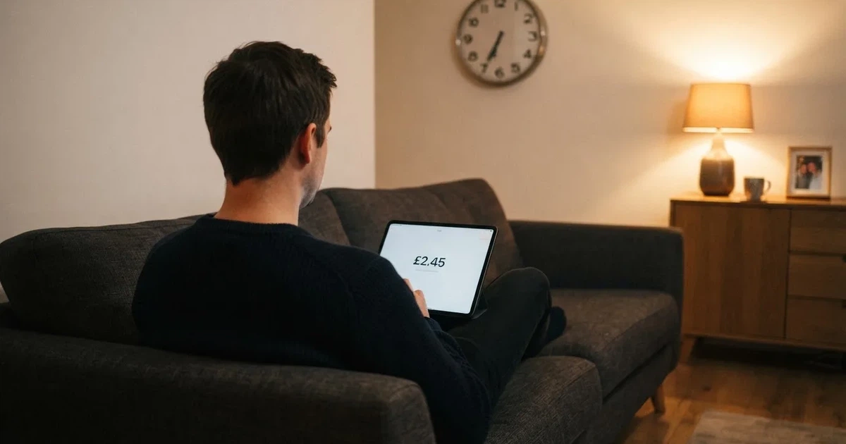 A person on a sofa looking thoughtfully at a tablet, a wall clock in the background