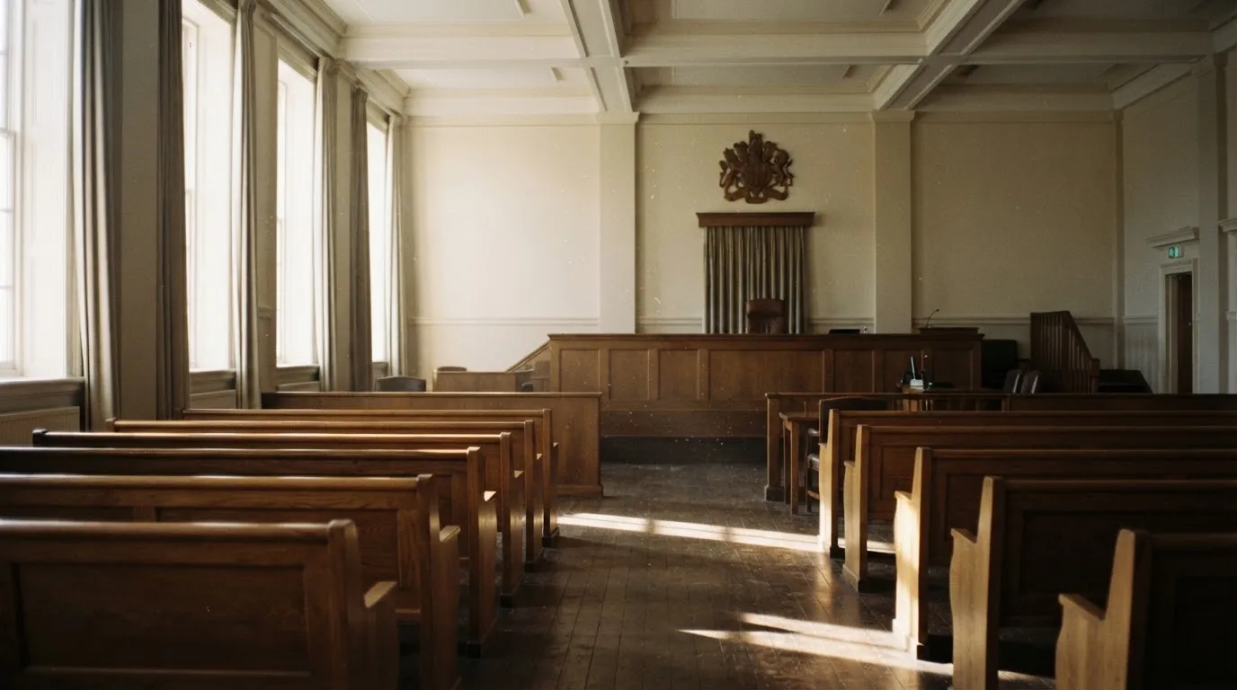 An empty courtroom with wooden benches in morning light