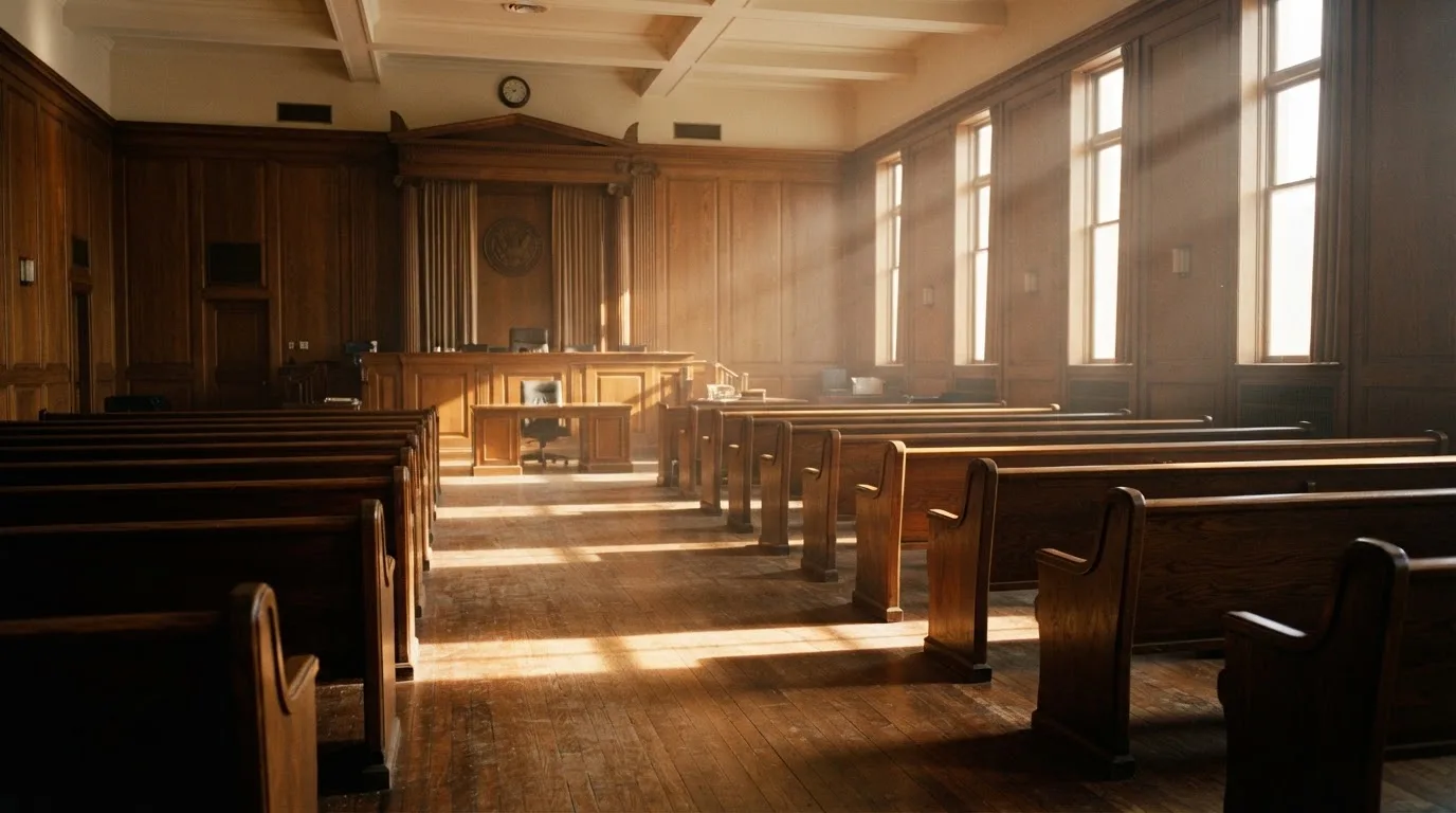 An empty courtroom with wooden benches in morning light