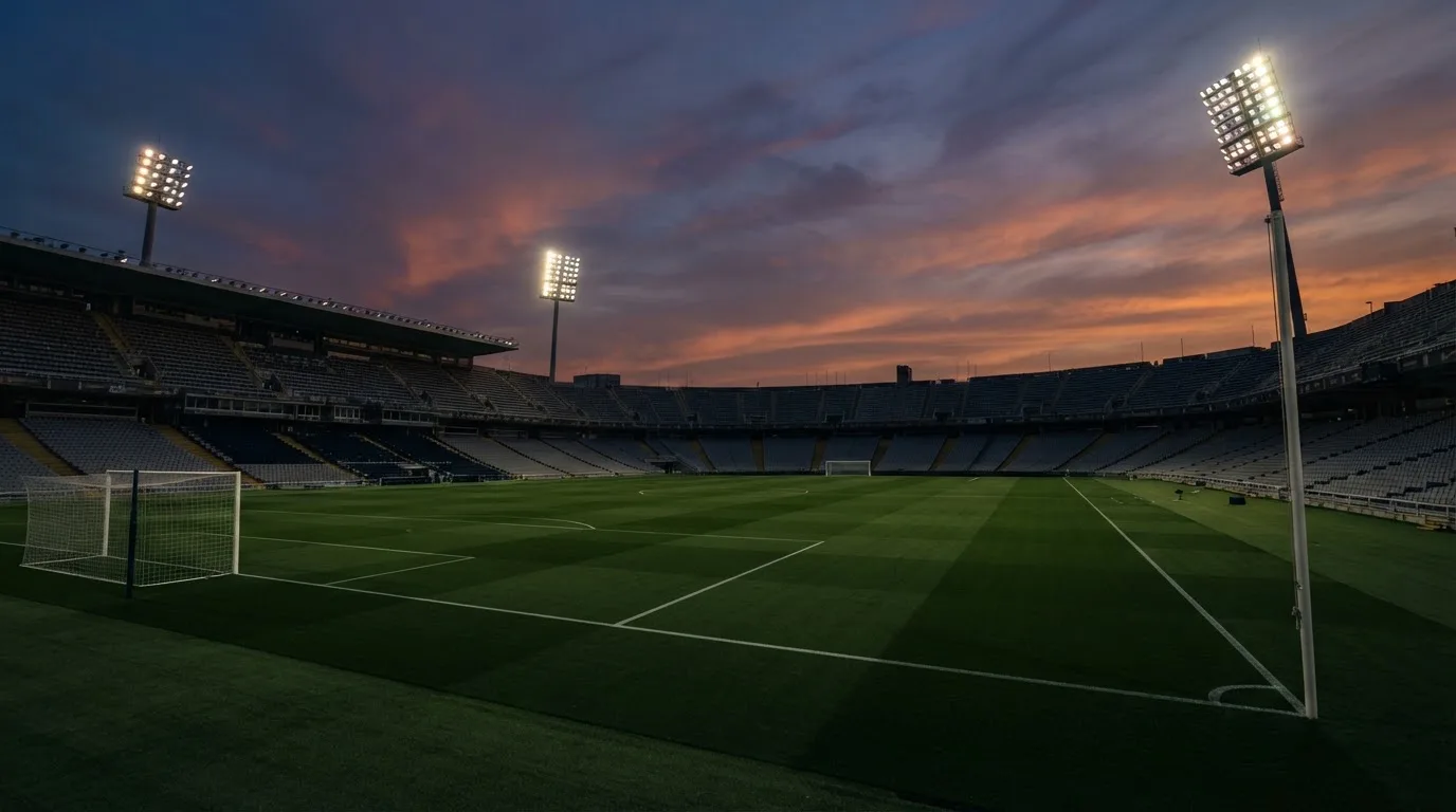 An empty football stadium with floodlight masts at dusk