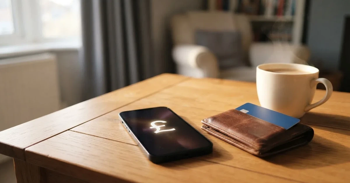 A smartphone on a wooden table beside a wallet and a coffee cup