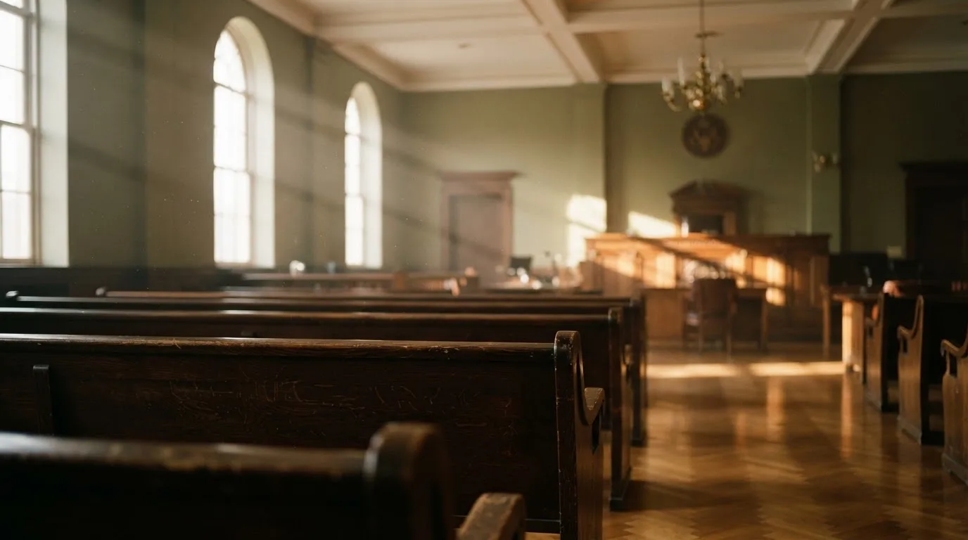 An empty courtroom with wooden benches in morning light