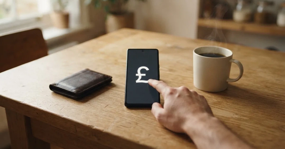 A smartphone on a wooden table beside a wallet and a coffee cup