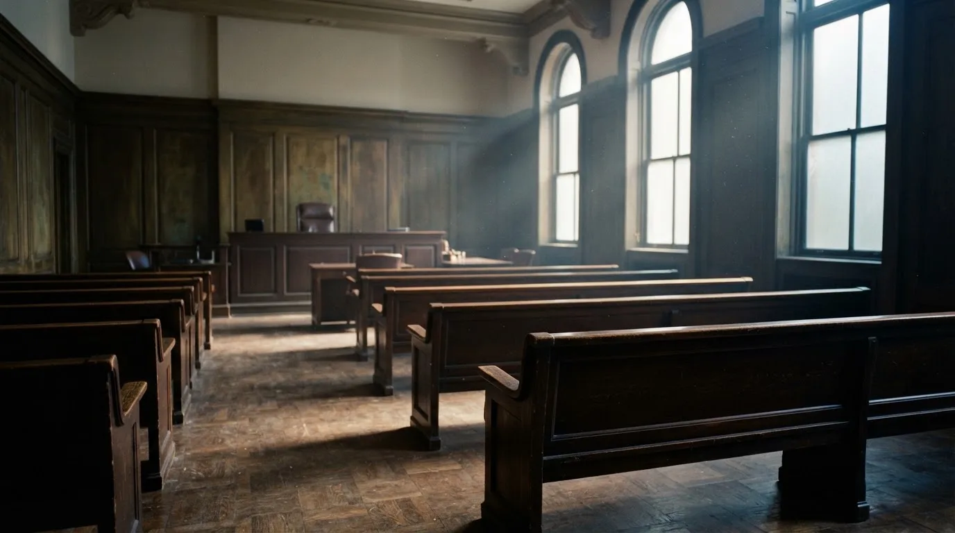 An empty courtroom with wooden benches in morning light