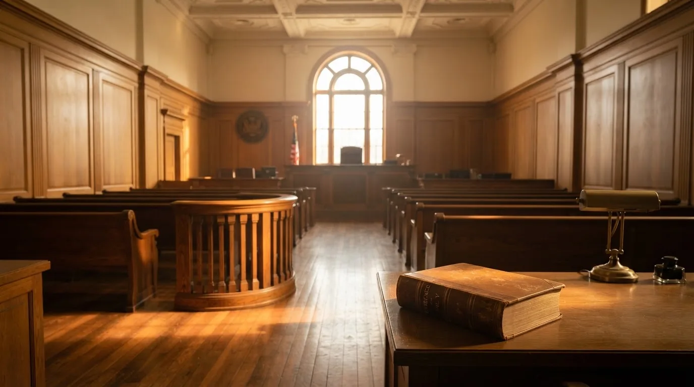 An empty courtroom with wooden benches in morning light