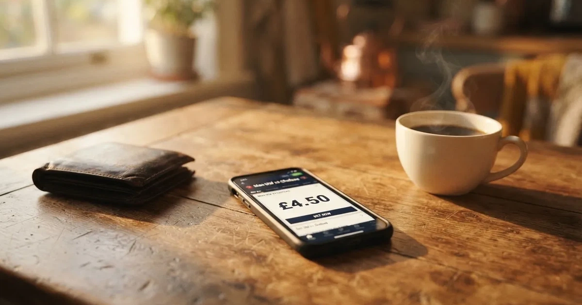 A smartphone on a wooden table beside a wallet and a coffee cup