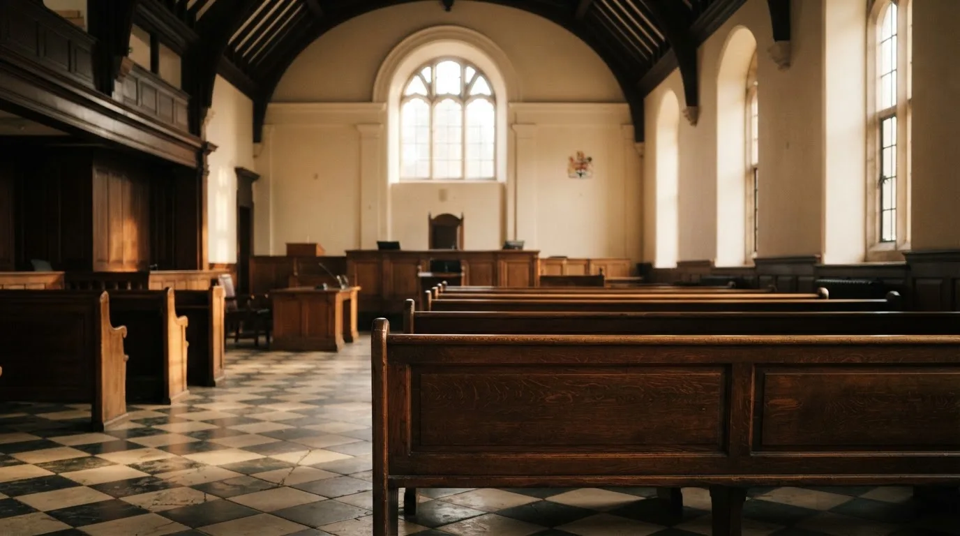 An empty courtroom with wooden benches in morning light