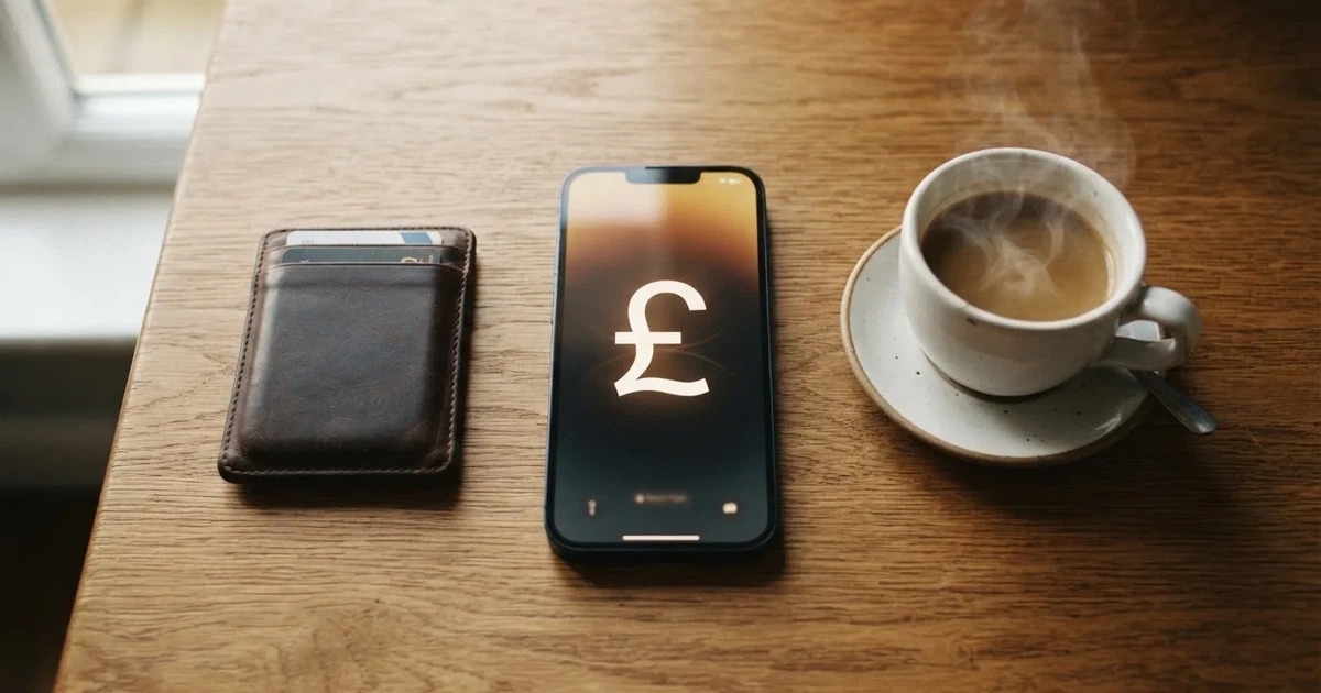 A smartphone on a wooden table beside a wallet and a coffee cup