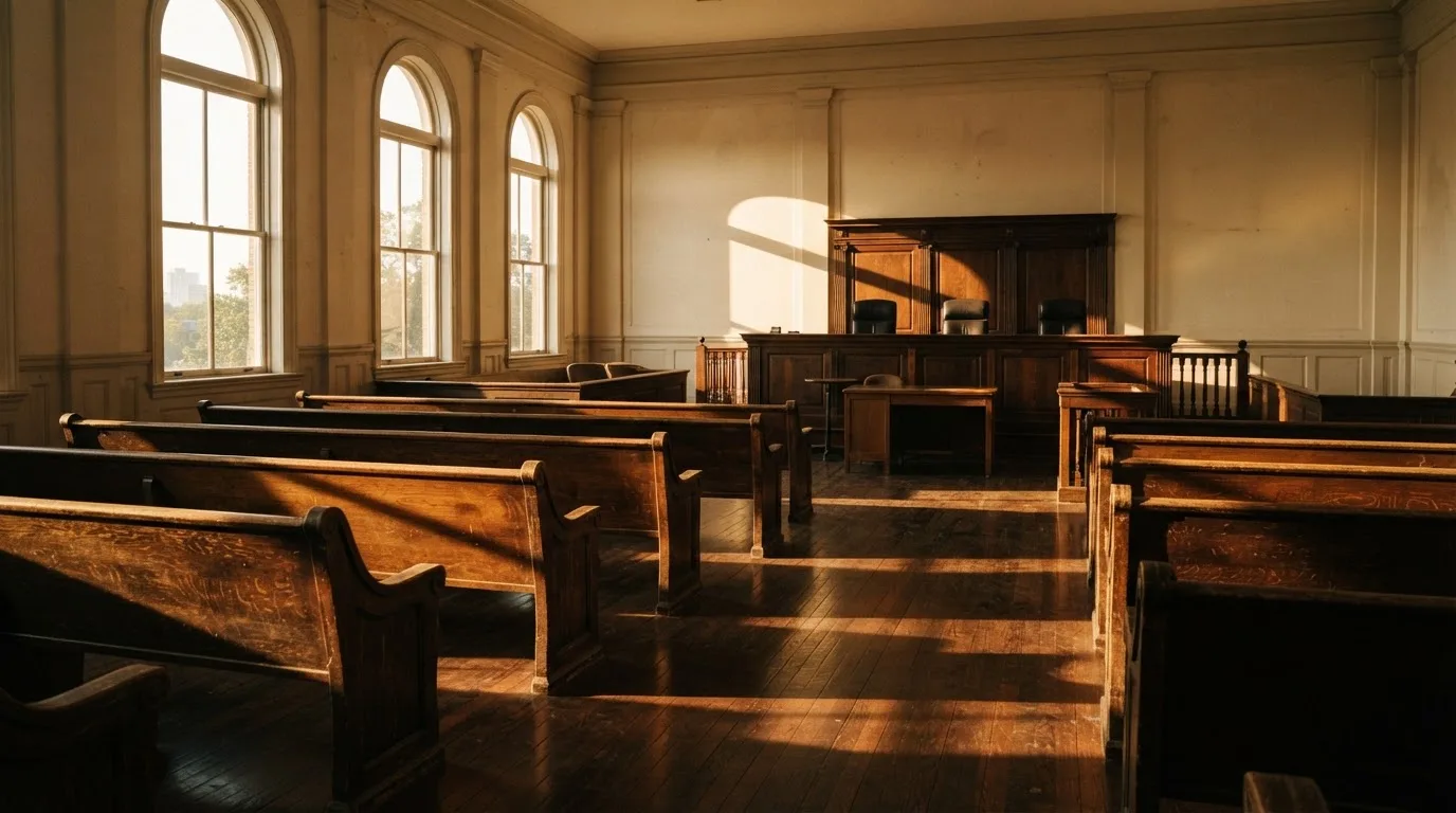 An empty courtroom with wooden benches in morning light