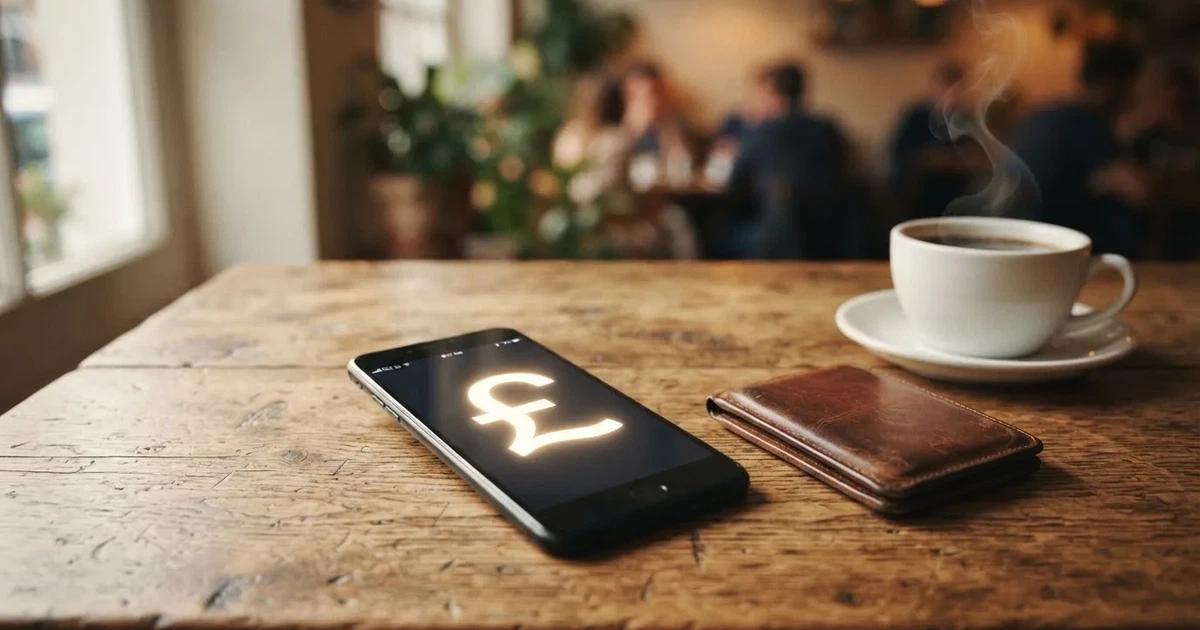 A smartphone on a wooden table beside a wallet and a coffee cup