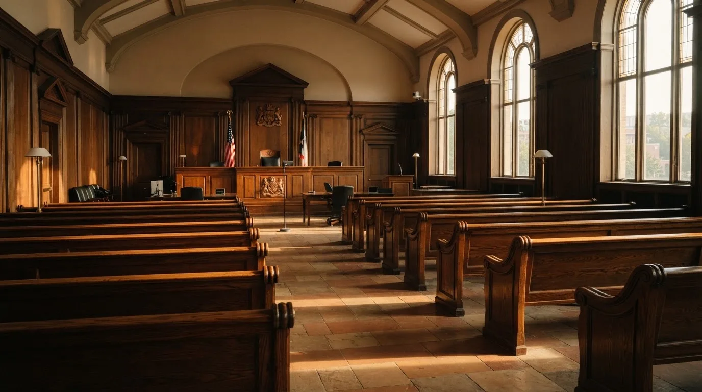 An empty courtroom with wooden benches in morning light