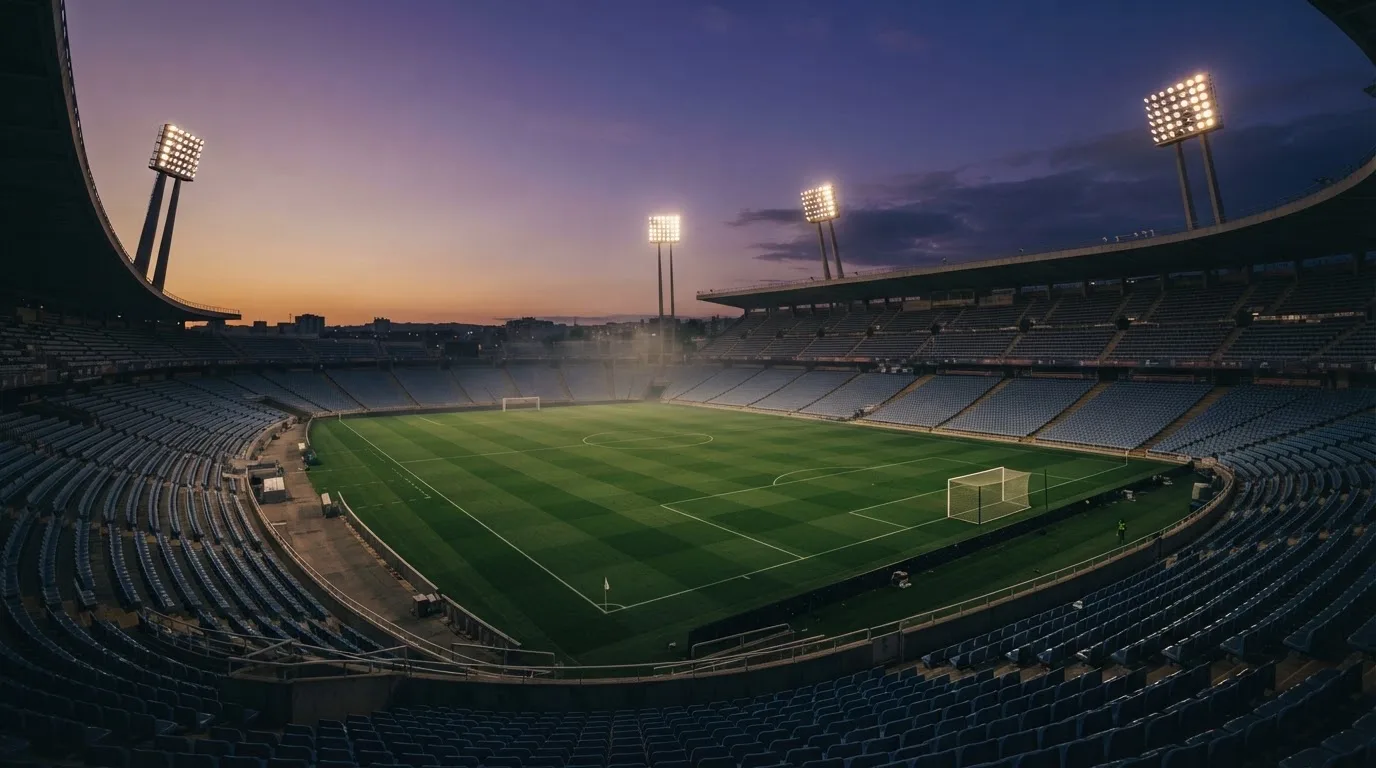 An empty football stadium with floodlight masts at dusk