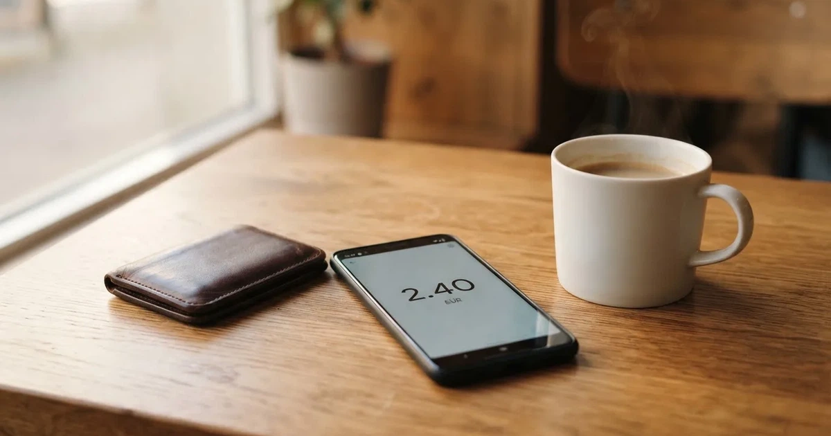 A smartphone on a wooden table beside a wallet and a coffee cup