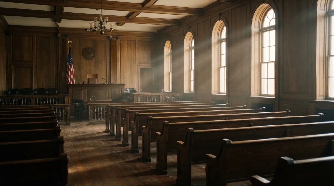 An empty courtroom with wooden benches in morning light