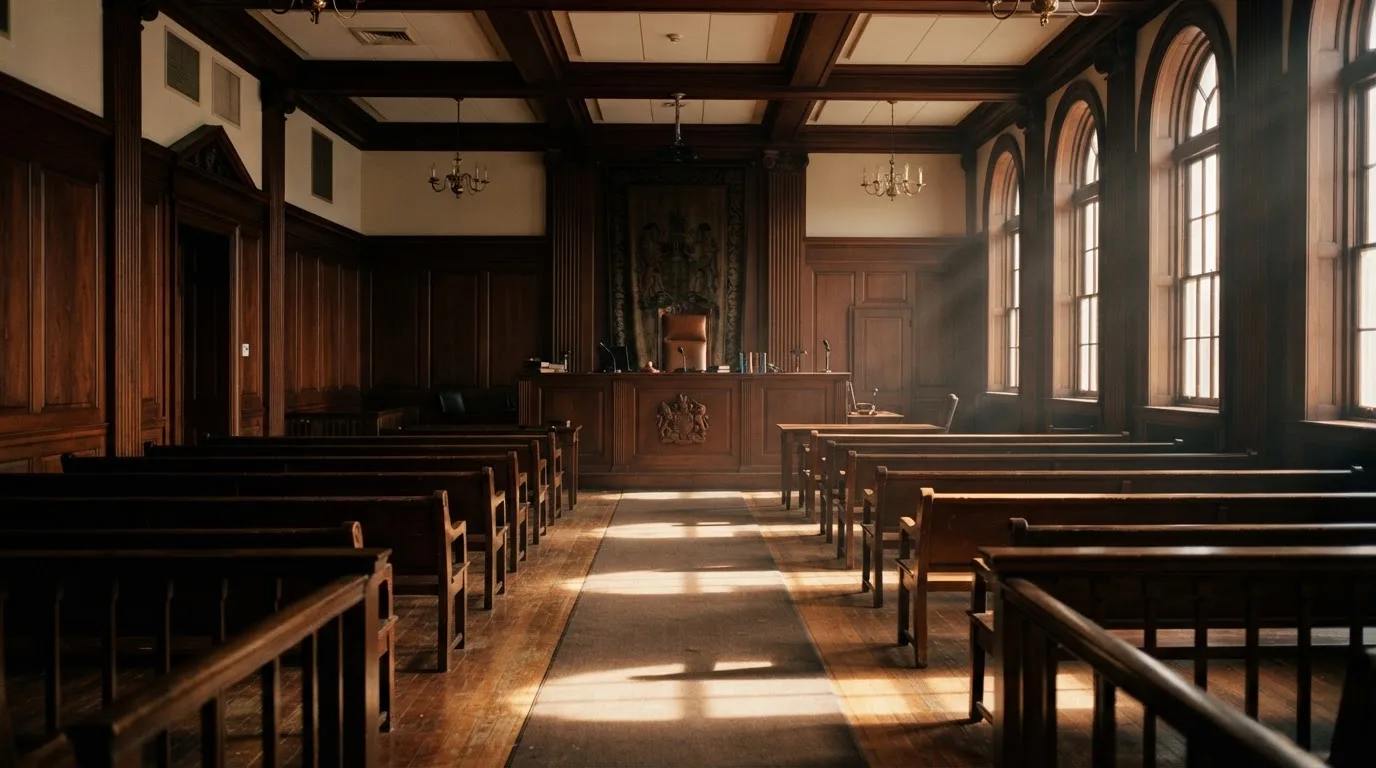 An empty courtroom with wooden benches in morning light