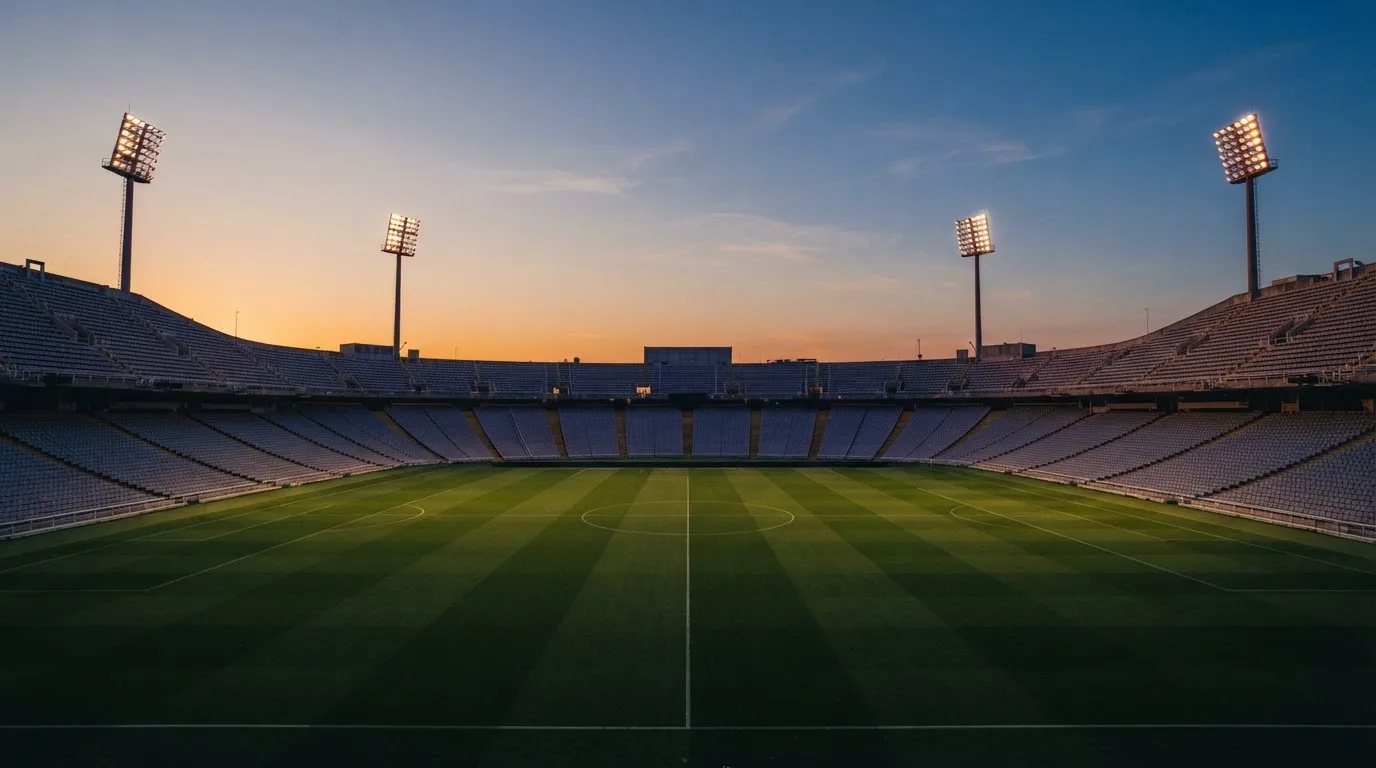 An empty football stadium with floodlight masts at dusk