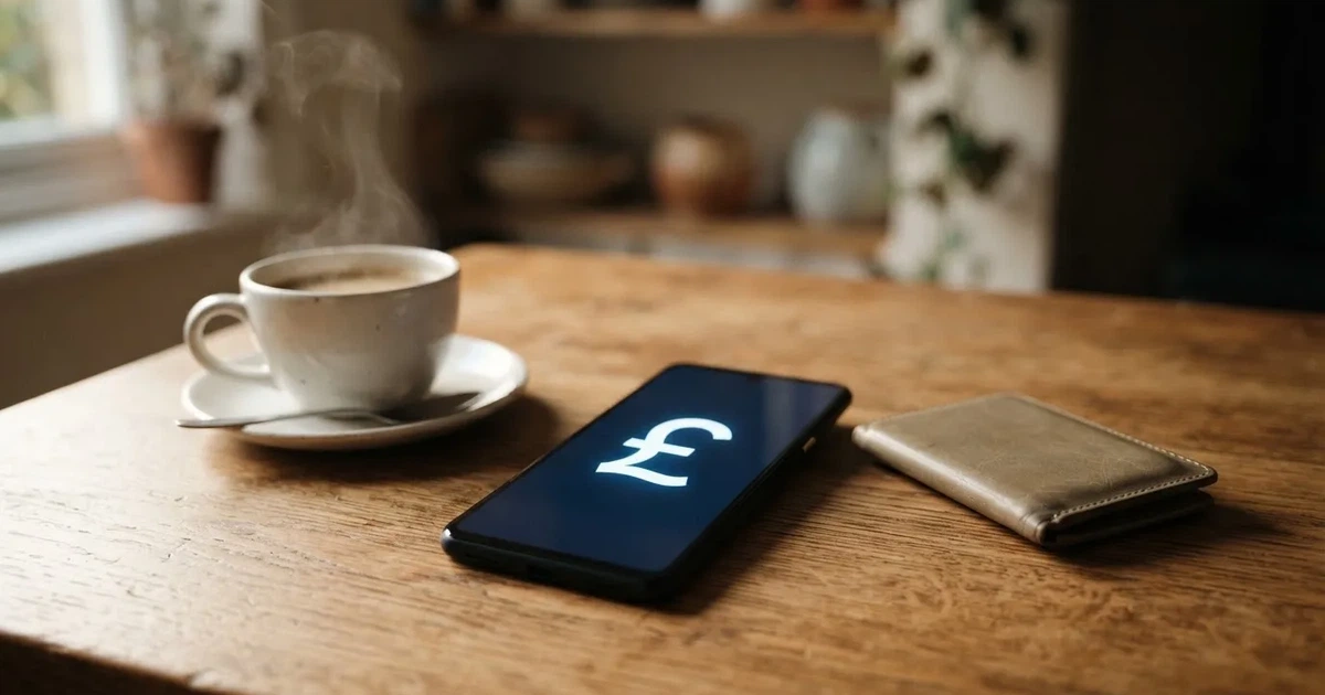 A smartphone on a wooden table beside a wallet and a coffee cup