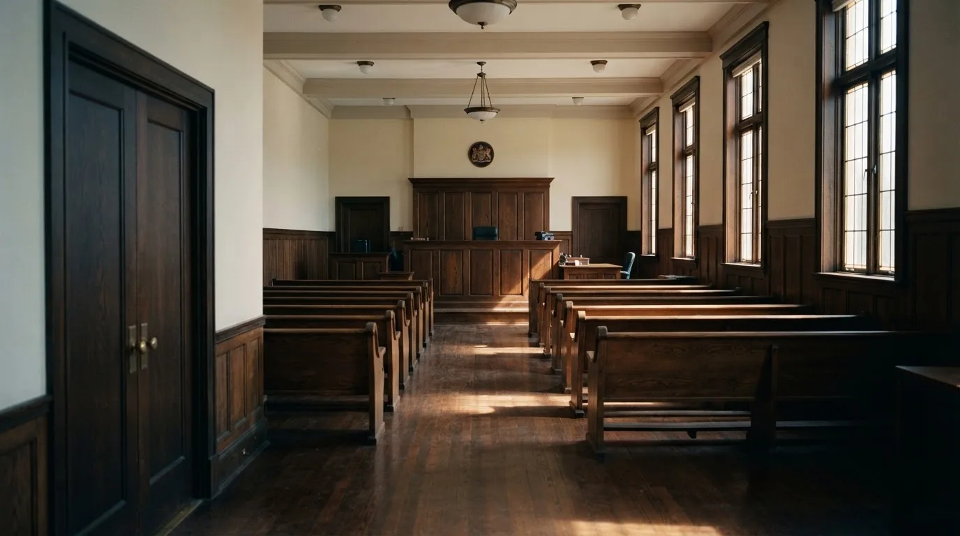 An empty courtroom with wooden benches in morning light