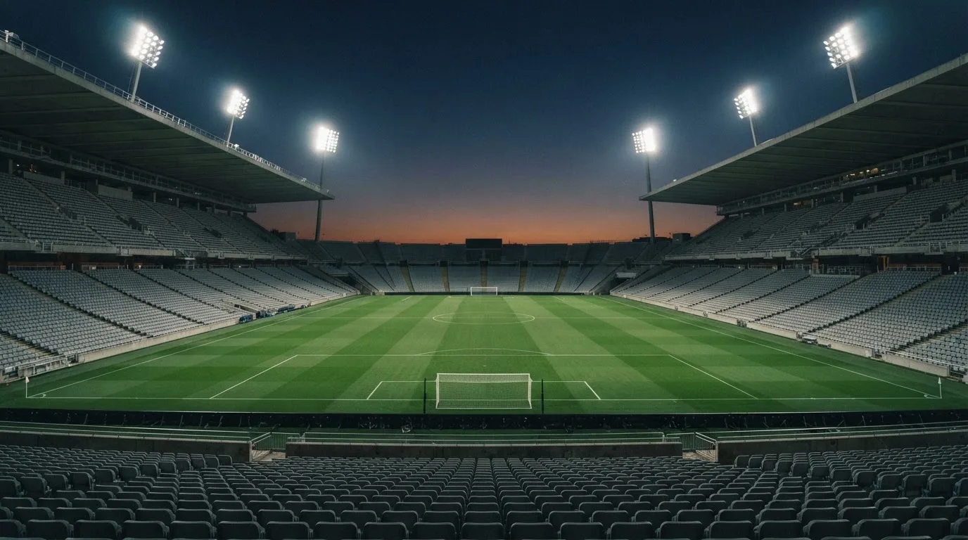 An empty football stadium with floodlight masts at dusk