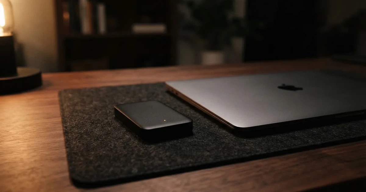 A hardware wallet and a closed laptop on a desk in dim light