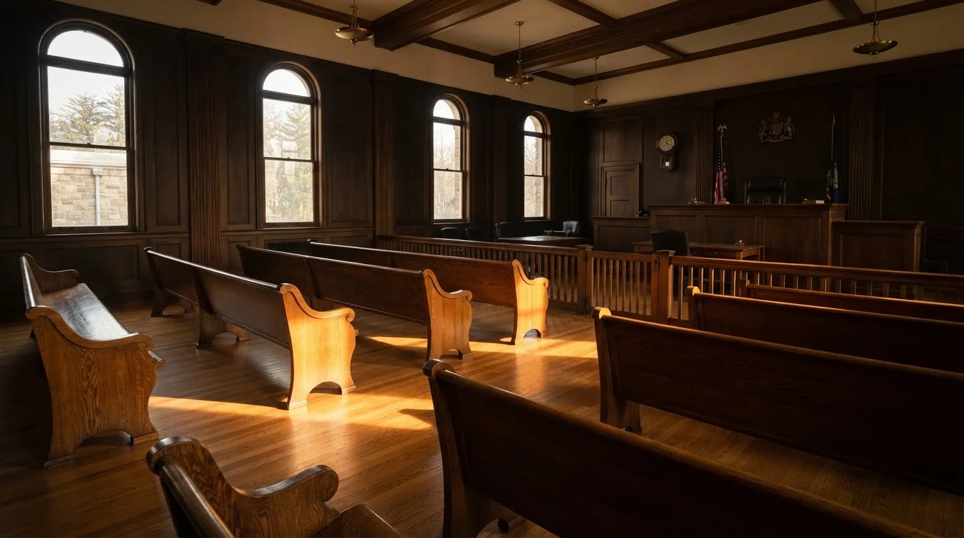 An empty courtroom with wooden benches in morning light