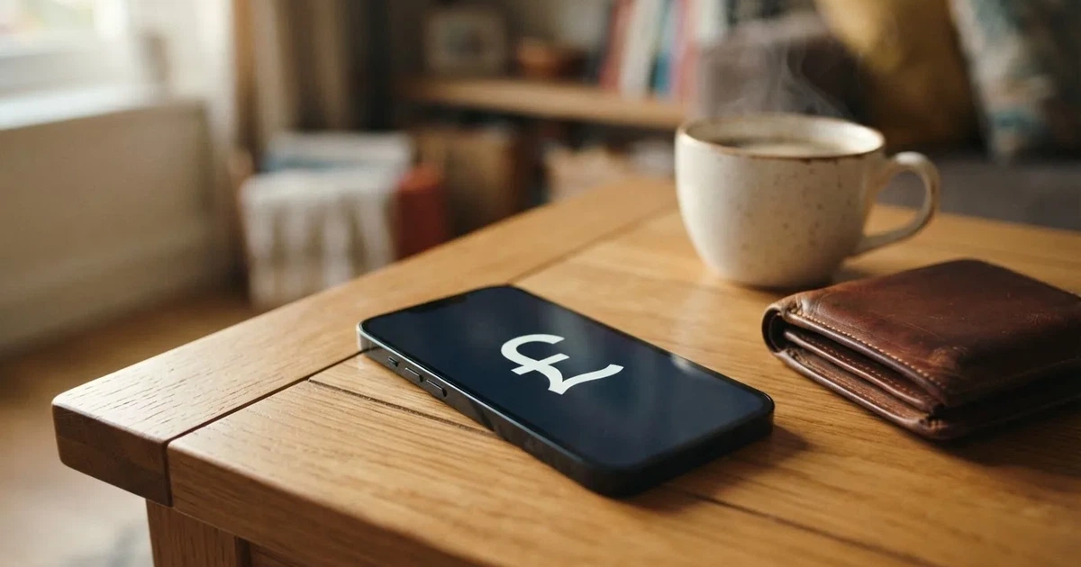 A smartphone on a wooden table beside a wallet and a coffee cup