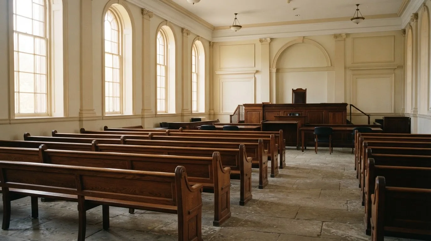An empty courtroom with wooden benches in morning light