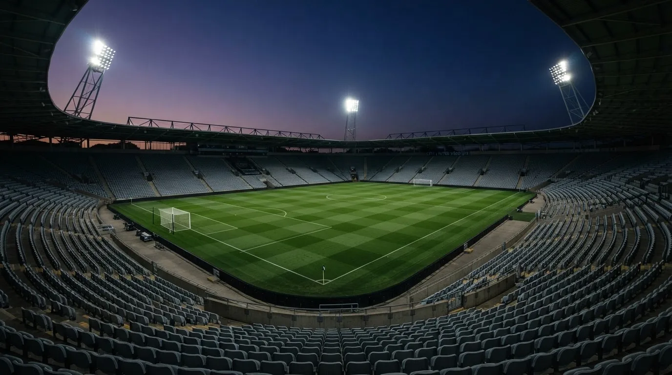 An empty football stadium with floodlight masts at dusk