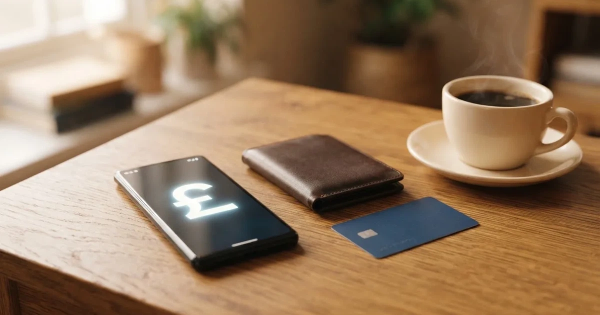 A smartphone on a wooden table beside a wallet and a coffee cup
