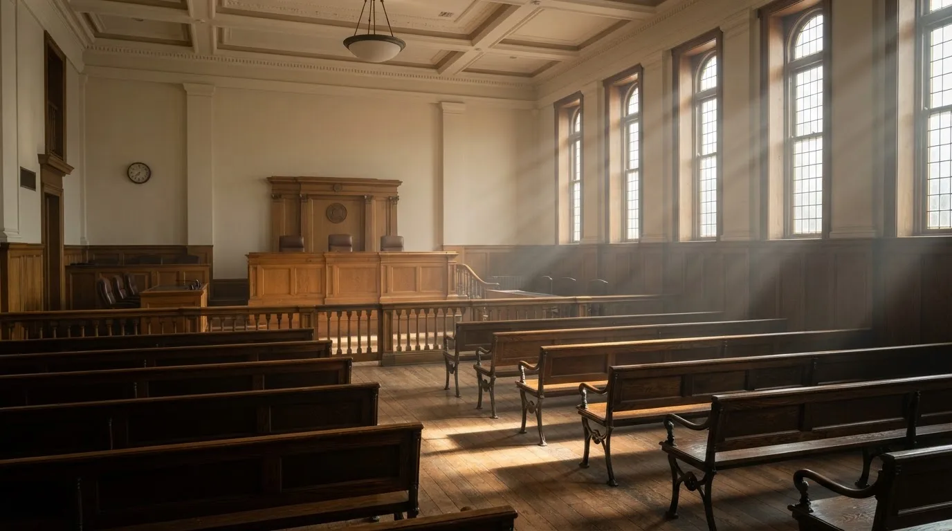 An empty courtroom with wooden benches in morning light