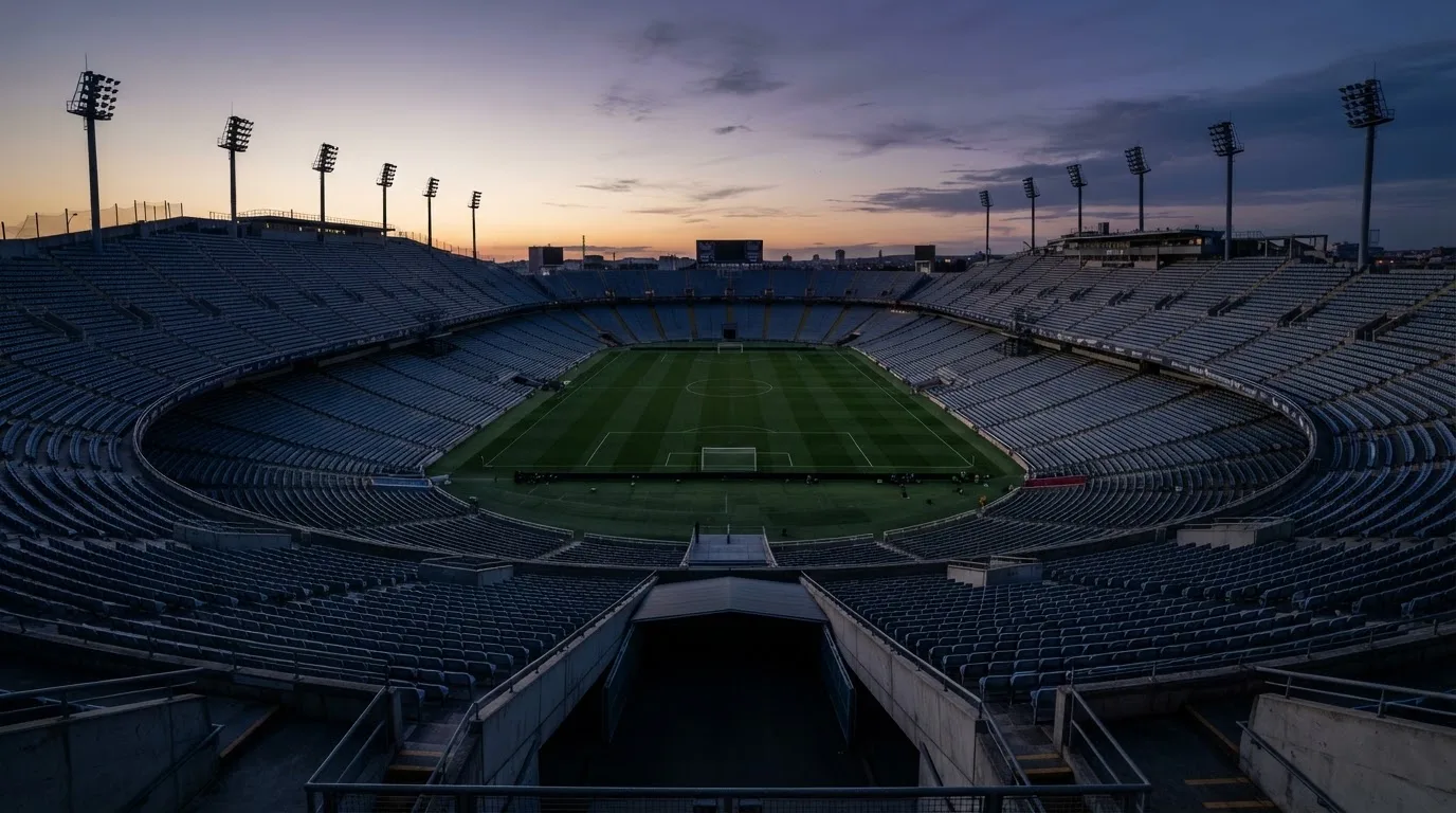 An empty football stadium with floodlight masts at dusk