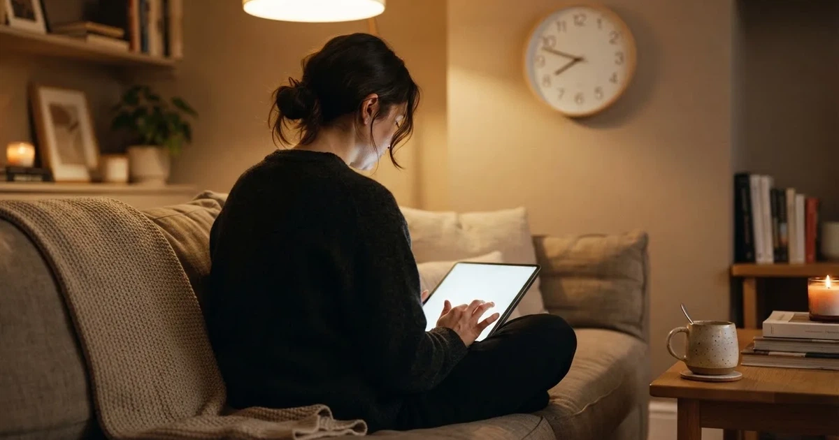 A person on a sofa looking thoughtfully at a tablet, a wall clock in the background