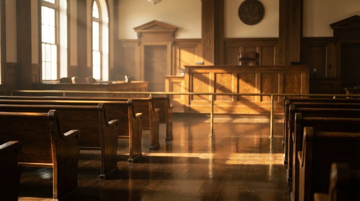 An empty courtroom with wooden benches in morning light