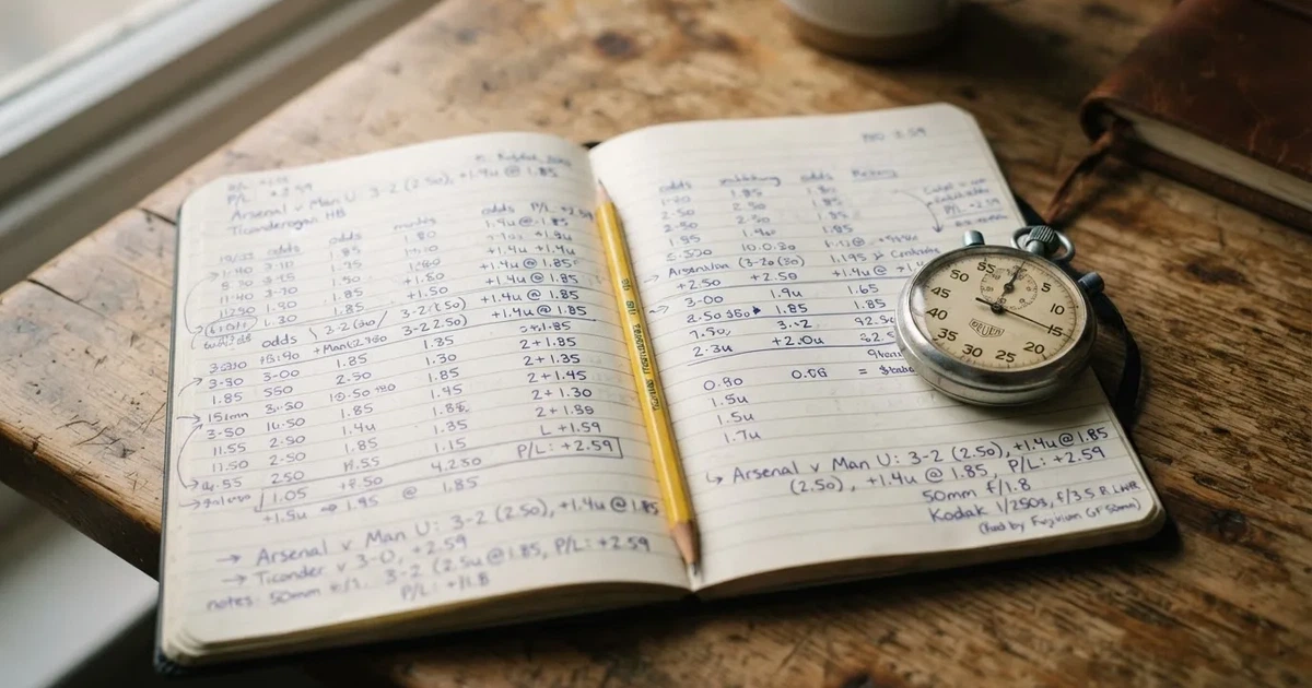 An open notebook with a pencil and a stopwatch on a wooden table