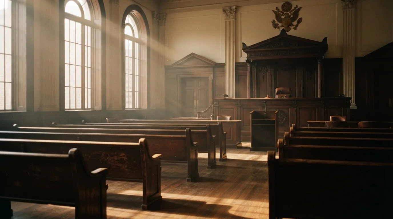 An empty courtroom with wooden benches in morning light