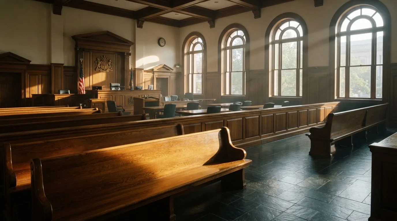 An empty courtroom with wooden benches in morning light