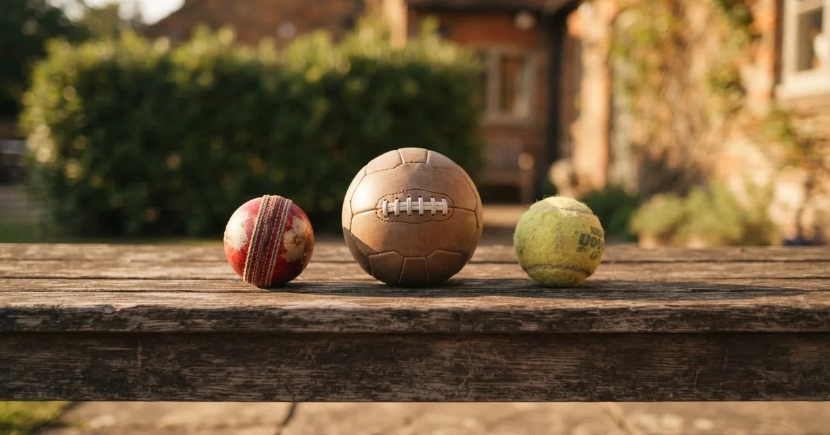 Three balls of different kinds side by side on a wooden bench