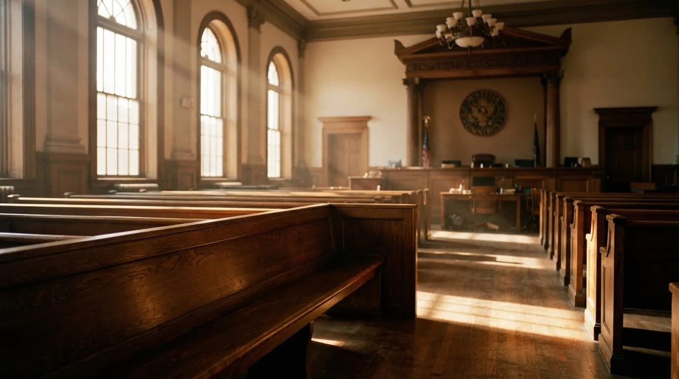 An empty courtroom with wooden benches in morning light